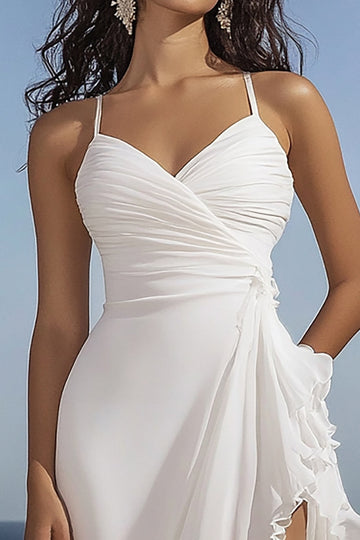 White Spaghetti Straples Ruched Ruffled Graduation Dress with Slit